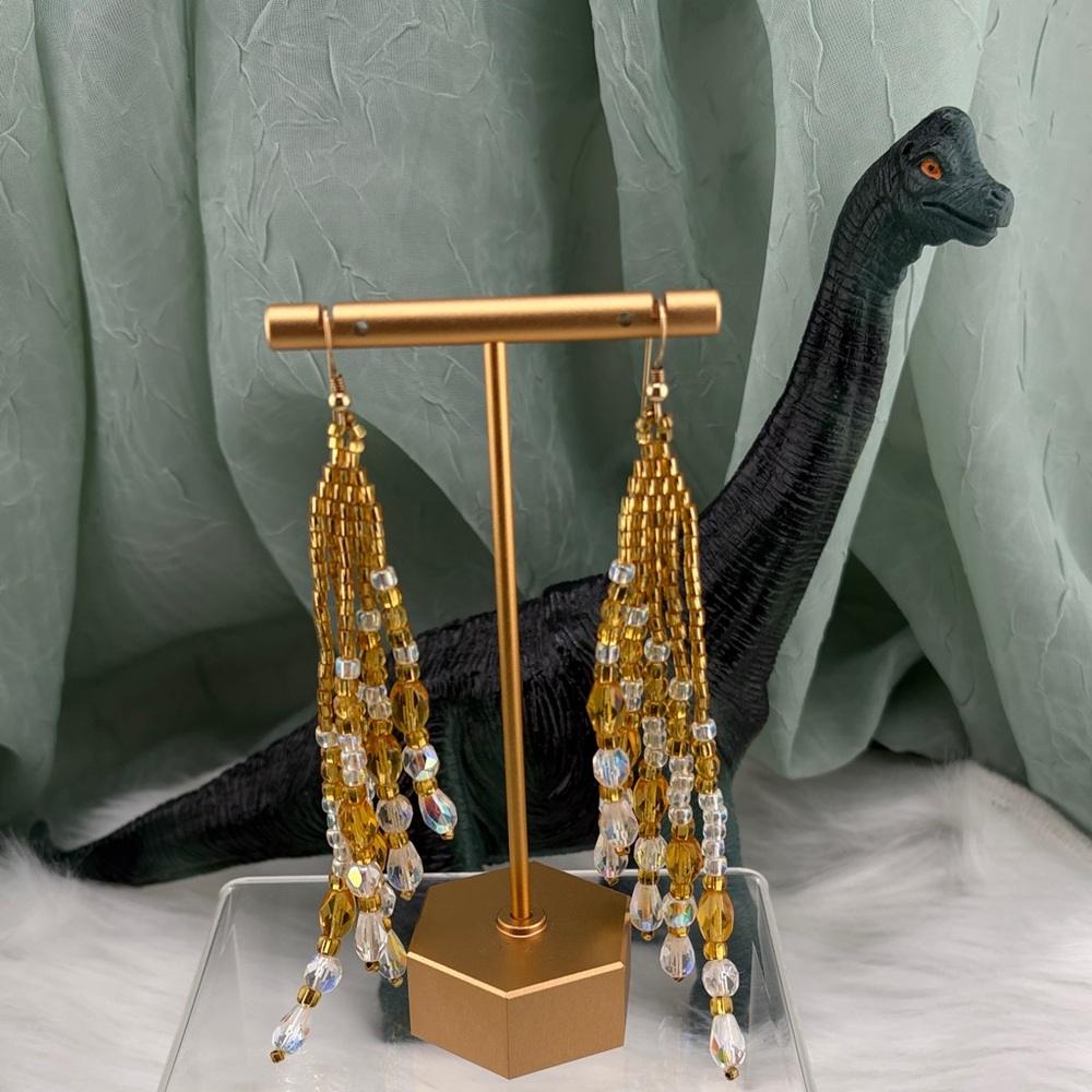Gold and Faceted Clear Beaded Dangle Earrings for Pierced Ears
